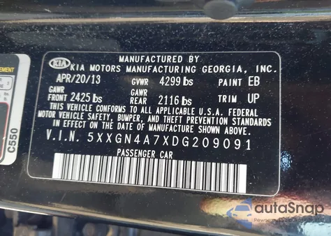 2013 Kia Optima Ex from USA, damaged, VIN 5XXGN4A7XDG209091